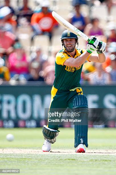 De Villiers of South Africa bats during the 2015 ICC Cricket World Cup match between South Africa and Zimbabwe at Seddon Park on February 15, 2015 in...