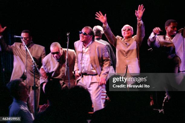 Blind Boys of Alabama performing at Bottom Line on Tuesday night, May 8, 2001.This image:From left, Bobby Butler, George Scott, Clarence Fountain,...