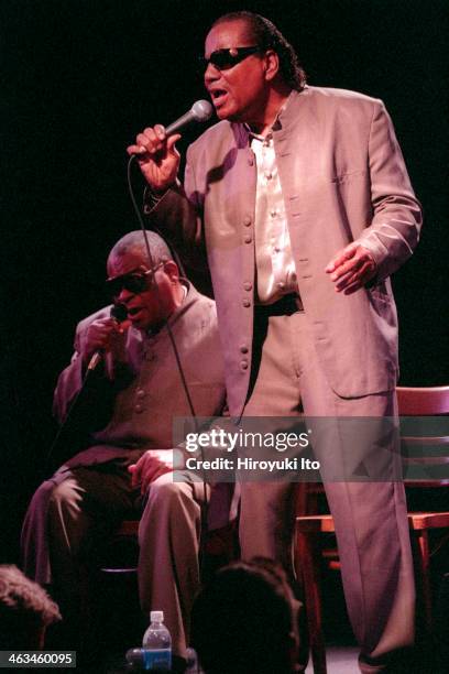 Blind Boys of Alabama performing at Bottom Line on Tuesday night, May 8, 2001.This image:George Scott, left, and Clarence Fountain.