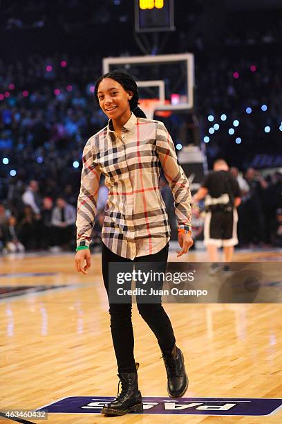 Mo'ne Davis smiles during the Degree Shooting Stars on State Farm All-Star Saturday Night as part of the 2015 NBA All-Star Weekend on February 14,...