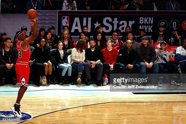Legend Scottie Pippen competes during the Degree Shooting Stars Competition as part of the 2015 NBA Allstar Weekend at Barclays Center on February...