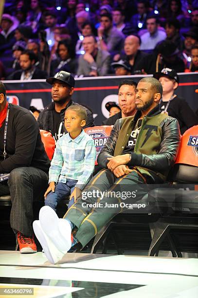 Chris Paul of the Los Angeles Clippers looks on during the Taco Bell Skills Challenge on State Farm All-Star Saturday Night as part of the 2015 NBA...