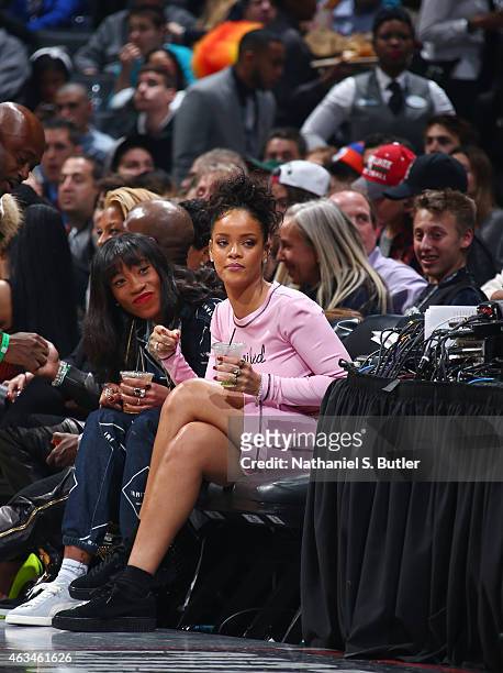 Singer Rihanna during the Degree Shooting Stars on State Farm All-Star Saturday Night as part of the 2015 NBA All-Star Weekend on February 14, 2015...