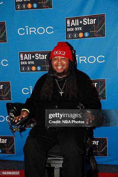 Former Rutgers football player Eric LeGrand smile as he arrives at the Degree Shooting Stars on State Farm All-Star Saturday Night as part of the...