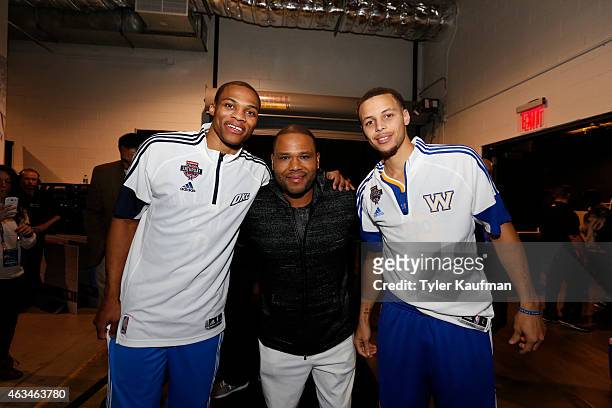 Russell Westbrook of the Oklahoma City Thunder, Anthony Anderson and Stephen Curry of the Golden State Warriors pose for a photo during the Degree...