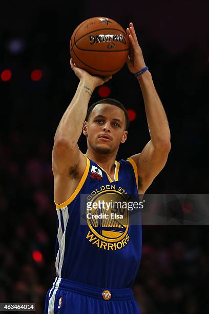 Stephen Curry of the Golden State Warriors and of the Western Conference competes during the Foot Locker Three-Point Contest as part of the 2015 NBA...