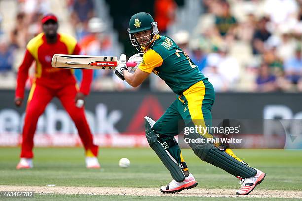 Duminy of South Africa bats during the 2015 ICC Cricket World Cup match between South Africa and Zimbabwe at Seddon Park on February 15, 2015 in...