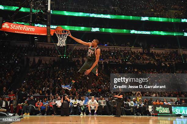 Giannis Antetokounmpo of the Milwaukee Bucks goes up for the slam-dunk during the Sprite Slam Dunk Contest on State Farm All-Star Saturday Night as...