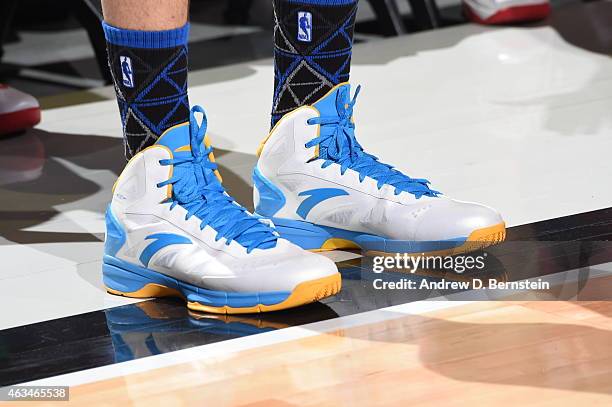 The shoes of Klay Thompson of the Golden State Warriors during the Foot Locker Three Point Contest on State Farm All-Star Saturday Night as part of...