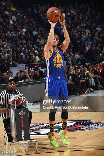 Stephen Curry of the Golden State Warriors shoots the ball during the Foot Locker Three Point Contest on State Farm All-Star Saturday Night as part...