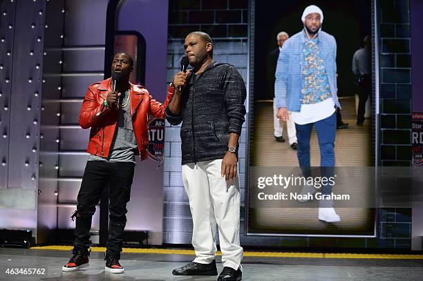 Comedians Kevin Hart and Anthony Anderson entertain the crowd during the Foot Locker Three Point Contest on State Farm All-Star Saturday Night as...