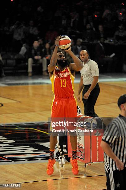 James Harden of the Houston Rockets shoots during the Foot Locker Three Point Contest on State Farm All-Star Saturday Night as part of the 2015 NBA...