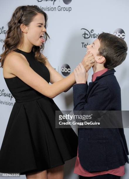 Actors Maia Mitchell and Hayden Byerly arrive at the ABC/Disney TCA Winter Press Tour party at The Langham Huntington Hotel and Spa on January 17,...