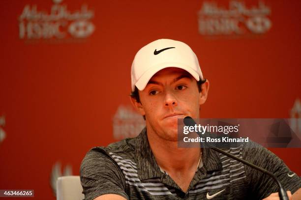 Rory McIlroy of Northern Ireland taliking to the press after third round of the Abu Dhabi HSBC Golf Championship at the Abu Dhabi Golf Club on...