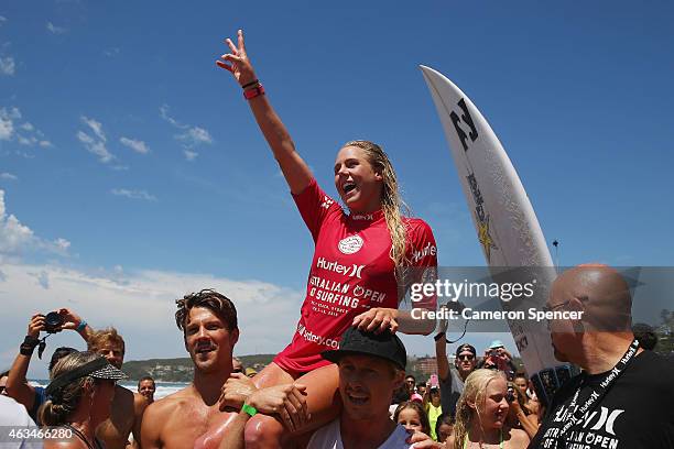 Laura Enever of Australia is chaired up the beach after winning the Women's final of the Australian Open of Surfing on February 15, 2015 in Sydney,...