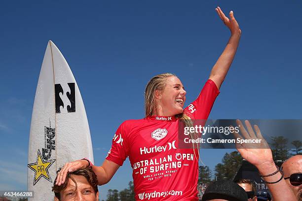 Laura Enever of Australia is chaired up the beach after winning the Women's final of the Australian Open of Surfing on February 15, 2015 in Sydney,...