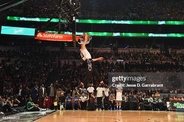 Zach LaVine of the Minnesota Timberwolves goes up for the dunk during the Sprite Slam Dunk Contest on State Farm All-Star Saturday Night as part of...