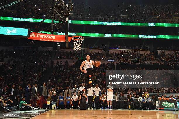 Zach LaVine of the Minnesota Timberwolves goes up for the dunk during the Sprite Slam Dunk Contest on State Farm All-Star Saturday Night as part of...