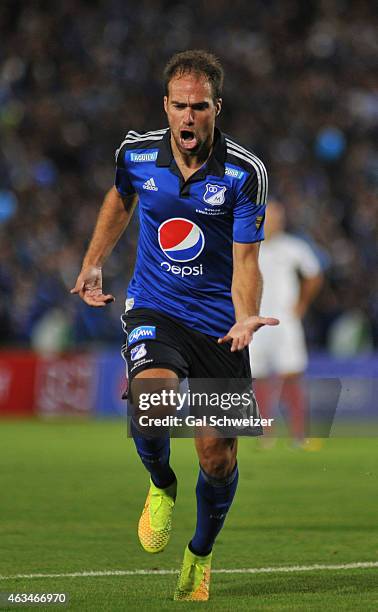 Federico Insua of Millonarios celebrates after scoring the second goal of his team during a match between Millonarios and Cucuta at Nemesio Camacho...