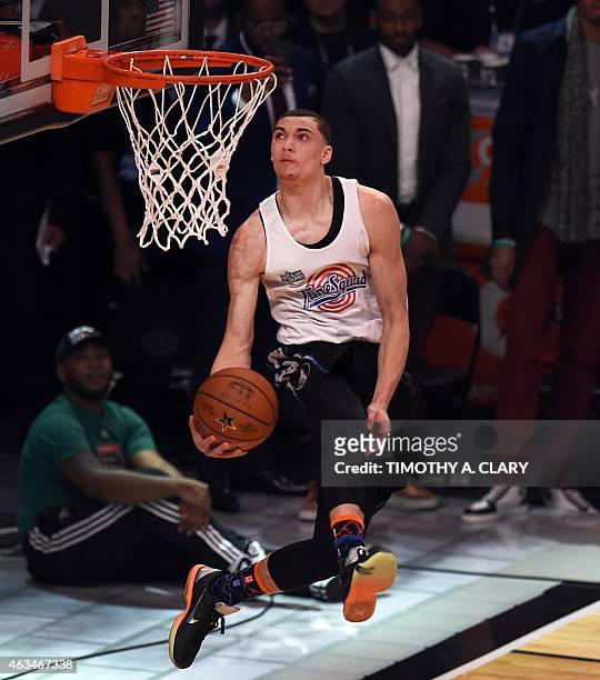 Zach LaVine of the Minnesota Timberwolves dunks on his way to winning the Sprite Slam Dunk Contest during the State Farm All-Star Saturday Night at...