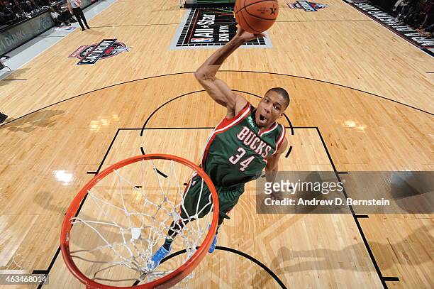 Giannis Antetokounmpo of the Milwaukee Bucks dunks the ball during the Sprite Slam Dunk Contest on State Farm All-Star Saturday Night as part of the...
