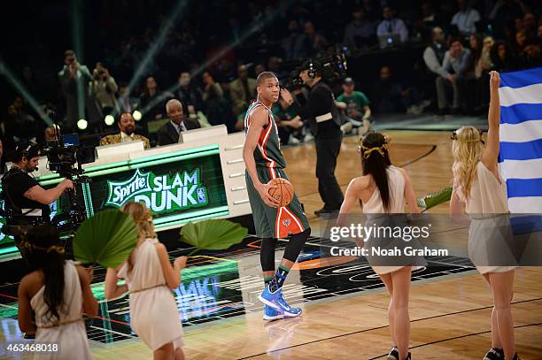 Giannis Antetokounmpo of the Milwaukee Bucks is introduced during the Sprite Slam Dunk Contest on State Farm All-Star Saturday Night as part of the...