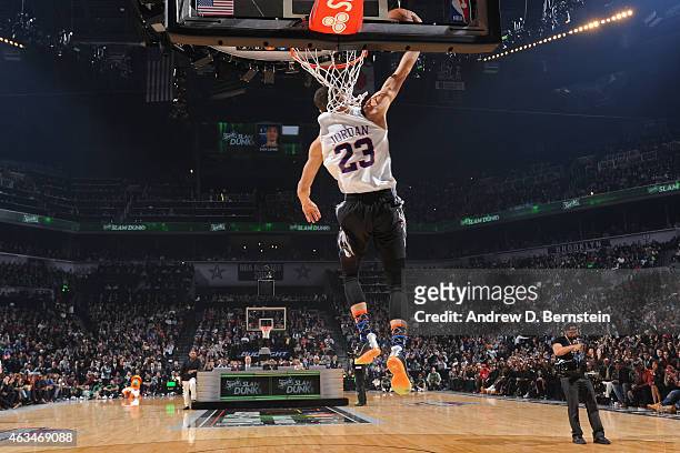 Zach LaVine of the Minnesota Timberwolves dunks during the Sprite Slam Dunk Contest at the 2015 State Farm All-Star Saturday Night on February 14,...