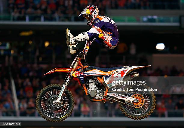 Ryan Dungey rider of the KTM 450 SX-F celebrates after winning the 450SX Main during the Monster Energy AMA Supercross at AT&T Stadium on February...