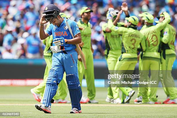 Rohit Sharma of India walks off after being dismissed during the 2015 ICC Cricket World Cup match between India and Pakistan at Adelaide Oval on...