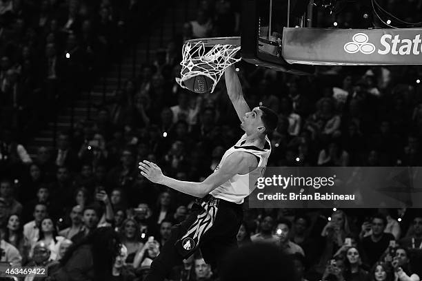 Zach LaVine of the Minnesota Timberwolves dunks the ball during the Sprite Slam Dunk on State Farm All-Star Saturday Night as part of the 2015 NBA...