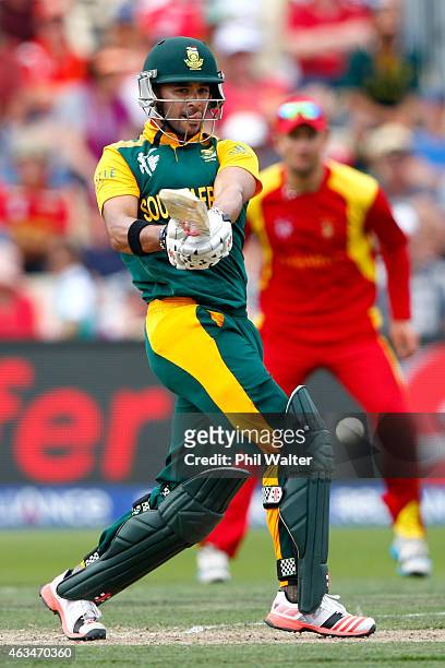 Duminy of South Africa bats during the 2015 ICC Cricket World Cup match between South Africa and Zimbabwe at Seddon Park on February 15, 2015 in...