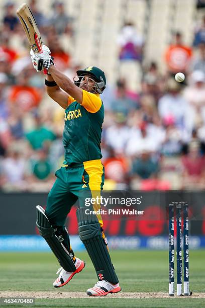 Duminy of South Africa bats during the 2015 ICC Cricket World Cup match between South Africa and Zimbabwe at Seddon Park on February 15, 2015 in...