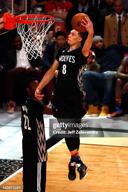 Zach LaVine of the Minnesota Timberwolves competes during the Sprite Slam Dunk Contest as part of the 2015 NBA Allstar Weekend at Barclays Center on...