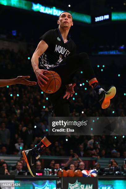 Zach LaVine of the Minnesota Timberwolves competes during the Sprite Slam Dunk Contest as part of the 2015 NBA Allstar Weekend at Barclays Center on...