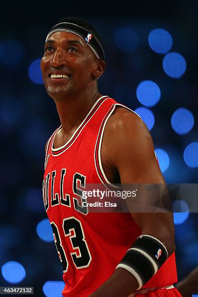 Legend Scottie Pippen competes during the Degree Shooting Stars Competition as part of the 2015 NBA Allstar Weekend at Barclays Center on February...