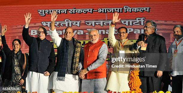 Leaders Sushma Swaraj, L K Advani, President Rajnath Singh, party's Prime Ministerial candidate Narendra Modi, Madhya Pradesh Chief Minister Shivraj...