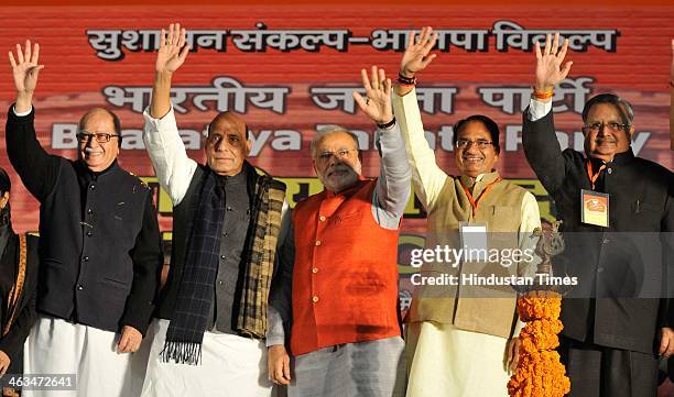 Leader L K Advani, President Rajnath Singh, party's Prime Ministerial candidate Narendra Modi, Madhya Pradesh Chief Minister Shivraj Singh Chauhan...