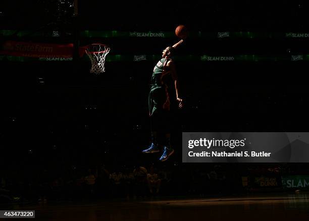 Giannis Antetokounmpo of the Milwaukee Bucks dunks during the Sprite Slam Dunk Contest on State Farm All-Star Saturday Night as part of the 2015 NBA...