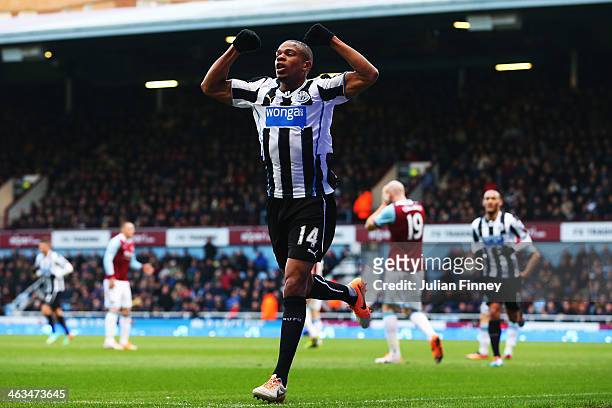 Loic Remy of Newcastle United celebrates scoring his teams second goal during the Barclays Premier League match between West Ham United and Newcastle...