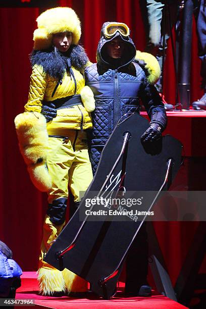 Model poses at the Moncler Grenoble fashion show during Mercedes-Benz Fashion Week Fall 2015 at the Duggal Greenhouse on February 14, 2015 in the...