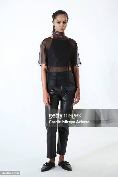 Model poses at Collina Strada presentation during MADE Fashion Week Fall 2015pose at Milk Studios on February 14, 2015 in New York City.