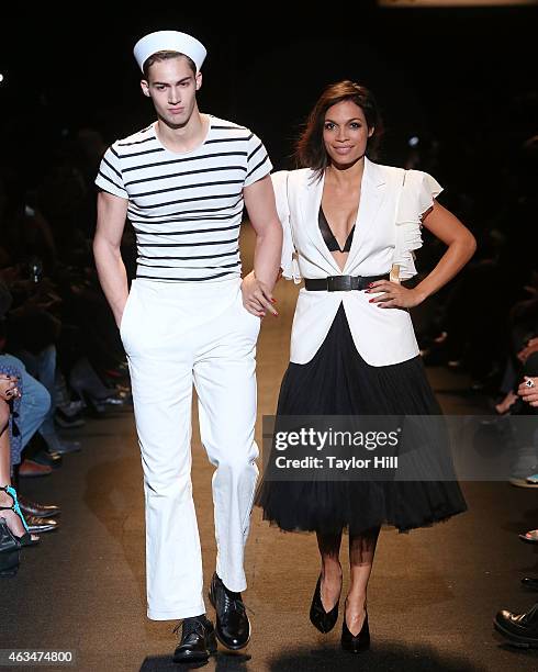 Rosario Dawson walks the runway during Naomi Campbell's Fashion For Relief 2015 fall fashion show at The Theater at Lincoln Center on February 14,...