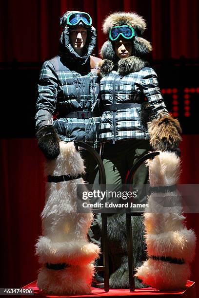Model poses at the Moncler Grenoble fashion show at the Duggal Greenhouse on February 14, 2015 in the Brooklyn borough of New York City.