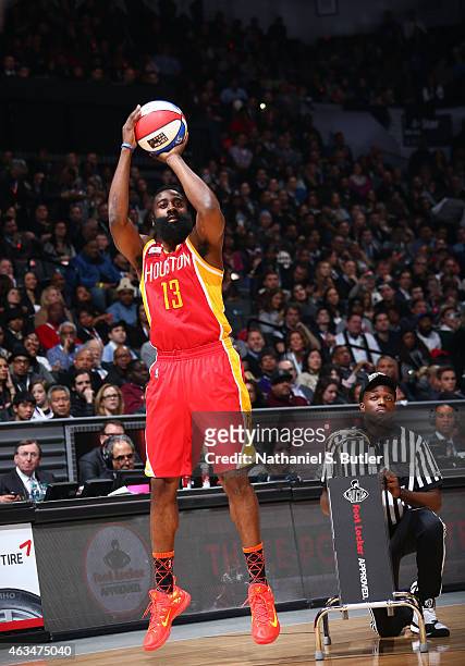 James Harden of the Houston Rockets shoots during the Foot Locker Three Point Contest on State Farm All-Star Saturday Night as part of the 2015 NBA...