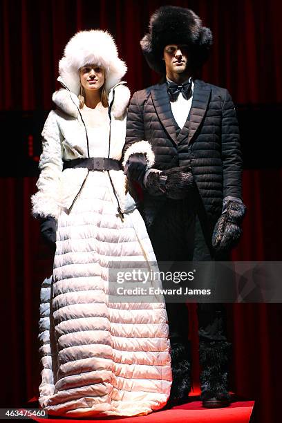 Model poses at the Moncler Grenoble fashion show at the Duggal Greenhouse on February 14, 2015 in the Brooklyn borough of New York City.