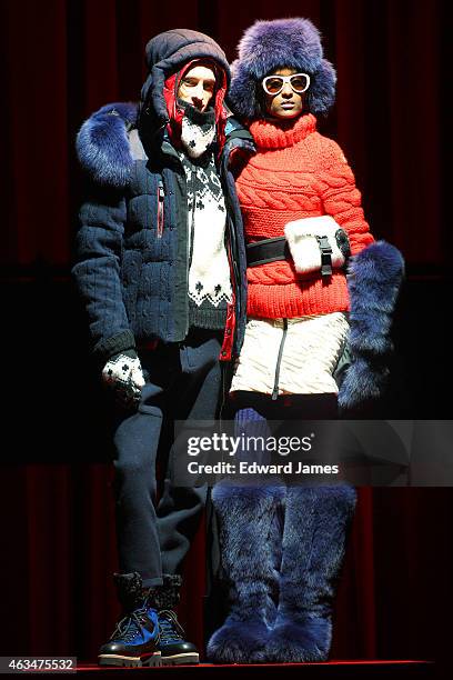 Model poses at the Moncler Grenoble fashion show at the Duggal Greenhouse on February 14, 2015 in the Brooklyn borough of New York City.