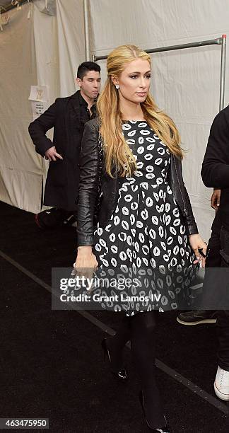 Paris Hilton is seen during Mercedes-Benz Fashion Week Fall 2015 at Lincoln Center for the Performing Arts on February 14, 2015 in New York City.