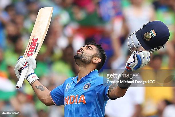 Virat Kohli of India celebrates his century during the 2015 ICC Cricket World Cup match between India and Pakistan at Adelaide Oval on February 15,...