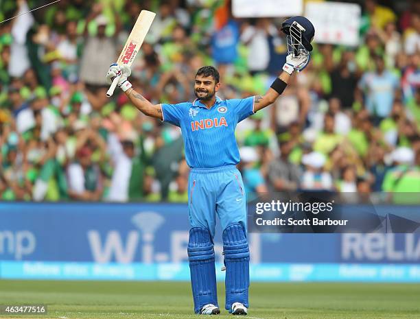 Virat Kohli of India celebrates as he reaches his century during the 2015 ICC Cricket World Cup match between India and Pakistan at Adelaide Oval on...