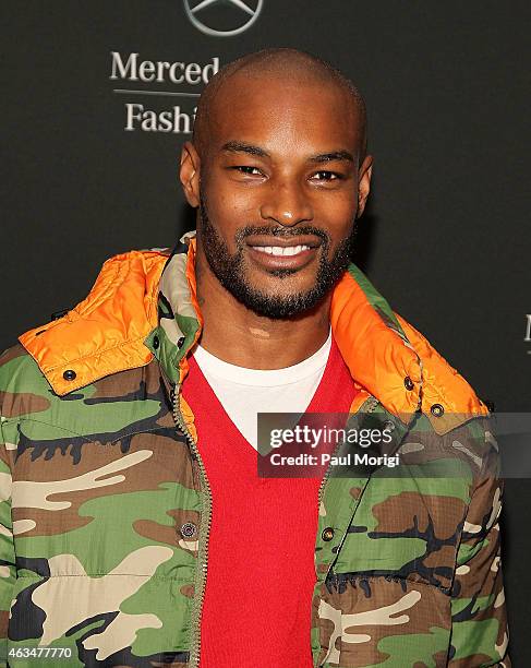 Tyson Beckford is seen backstage at Lincoln Center for the Performing Arts during Mercedes-Benz Fashion Week Fall 2015 on February 14, 2015 in New...